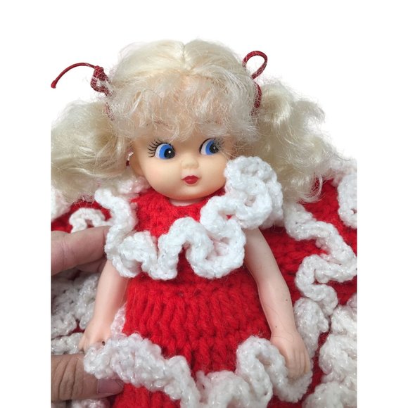 Cute Topper Doll in Hand Crocheted Red Dress White Ruffles Blonde w Cherub Face - Picture 4 of 7